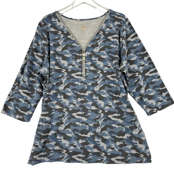 Belle Kim Gravel Pullover Top Size XL Blue Camouflage Zip Neckline Elbow Sleeve - Picture 1 of 10